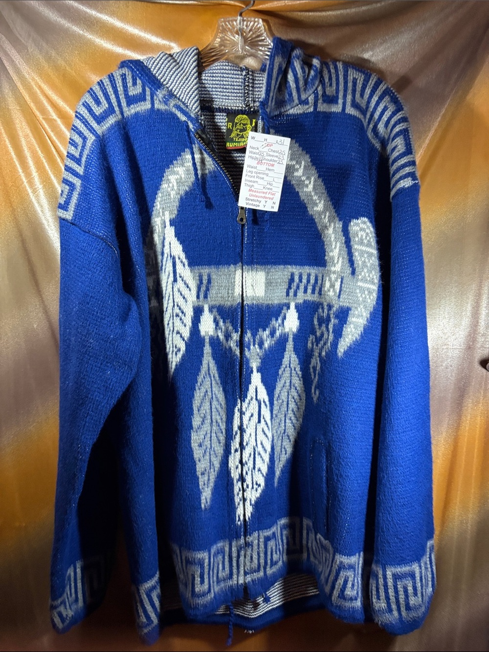 Vintage Ecuadorian zip up indigenous, blue, white, and gray hoodie QQ
